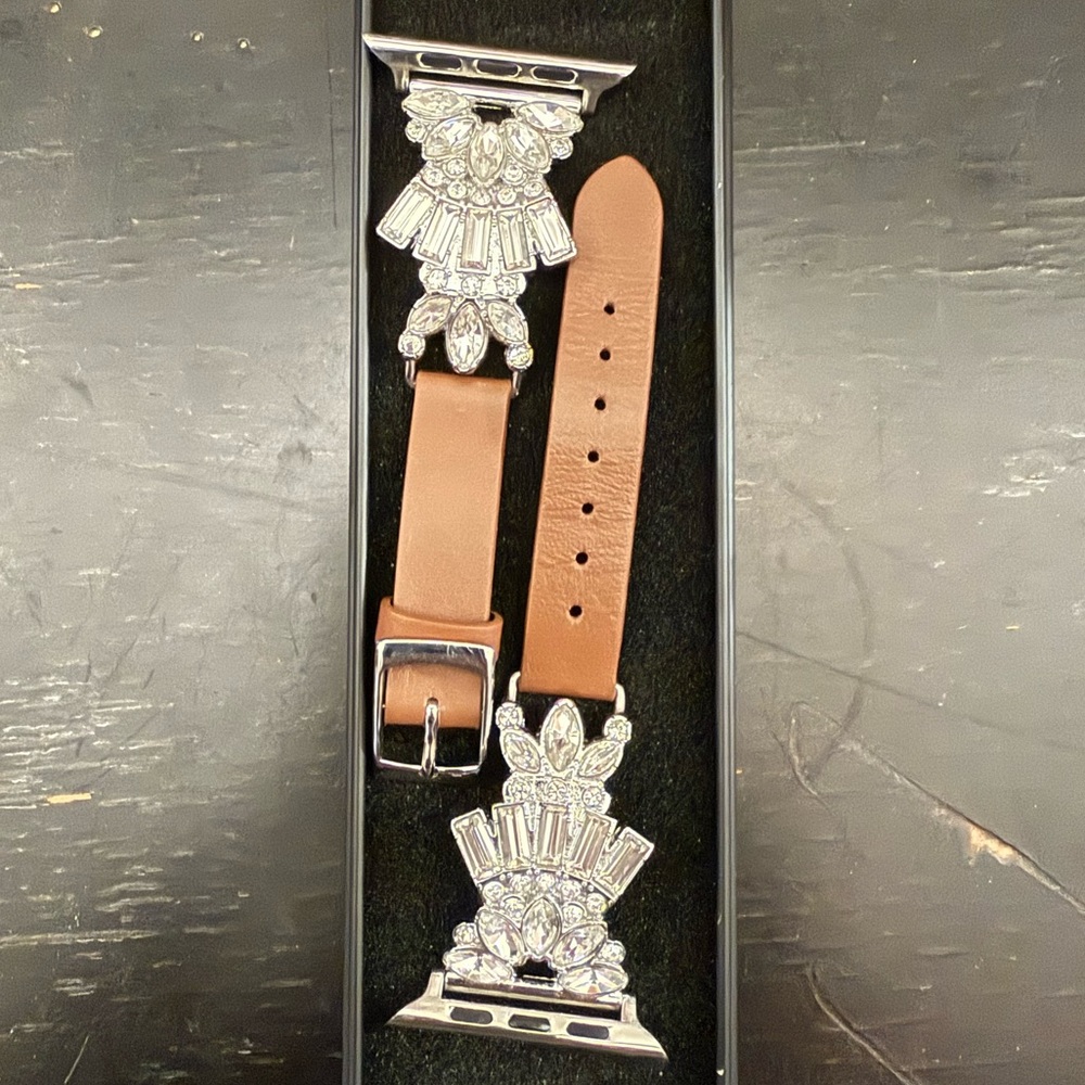 Brown Leather Apple Watch Band with Silver and Crystal Accents